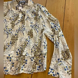 Womens Floral Femin Boho Pullover Collared NEW 1x Long Sleeve Wide Wrist